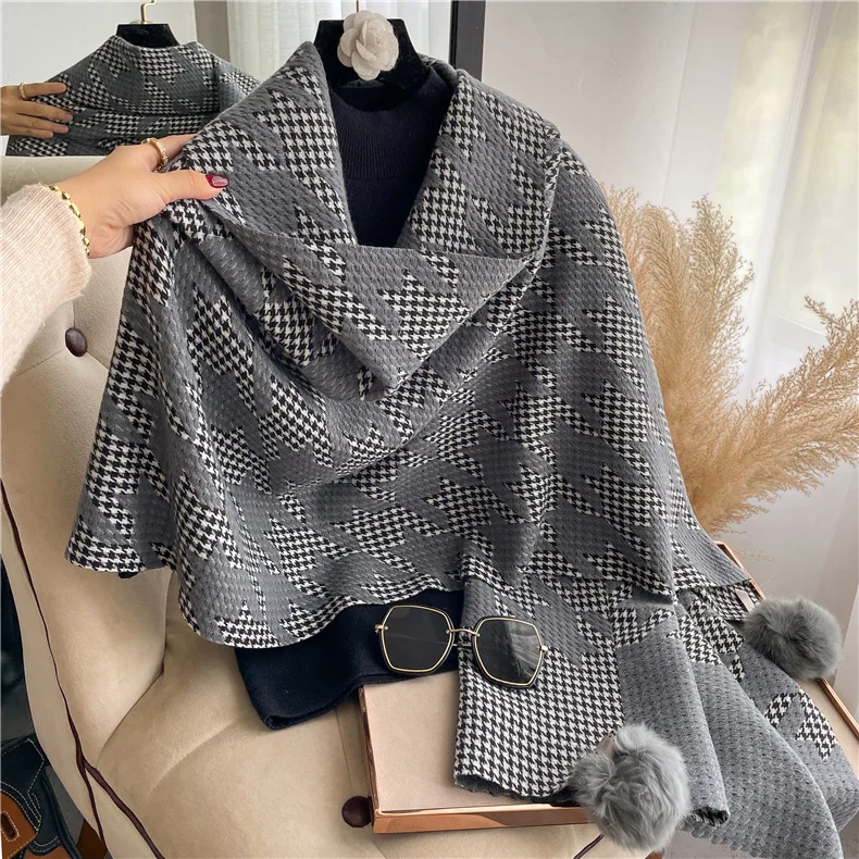 2022 Korean Winter Girls Ladies Scarves With Faux Fur Pom Pom Warm Pashmina Wraps Double Sided Cashmere Shawls Scarf