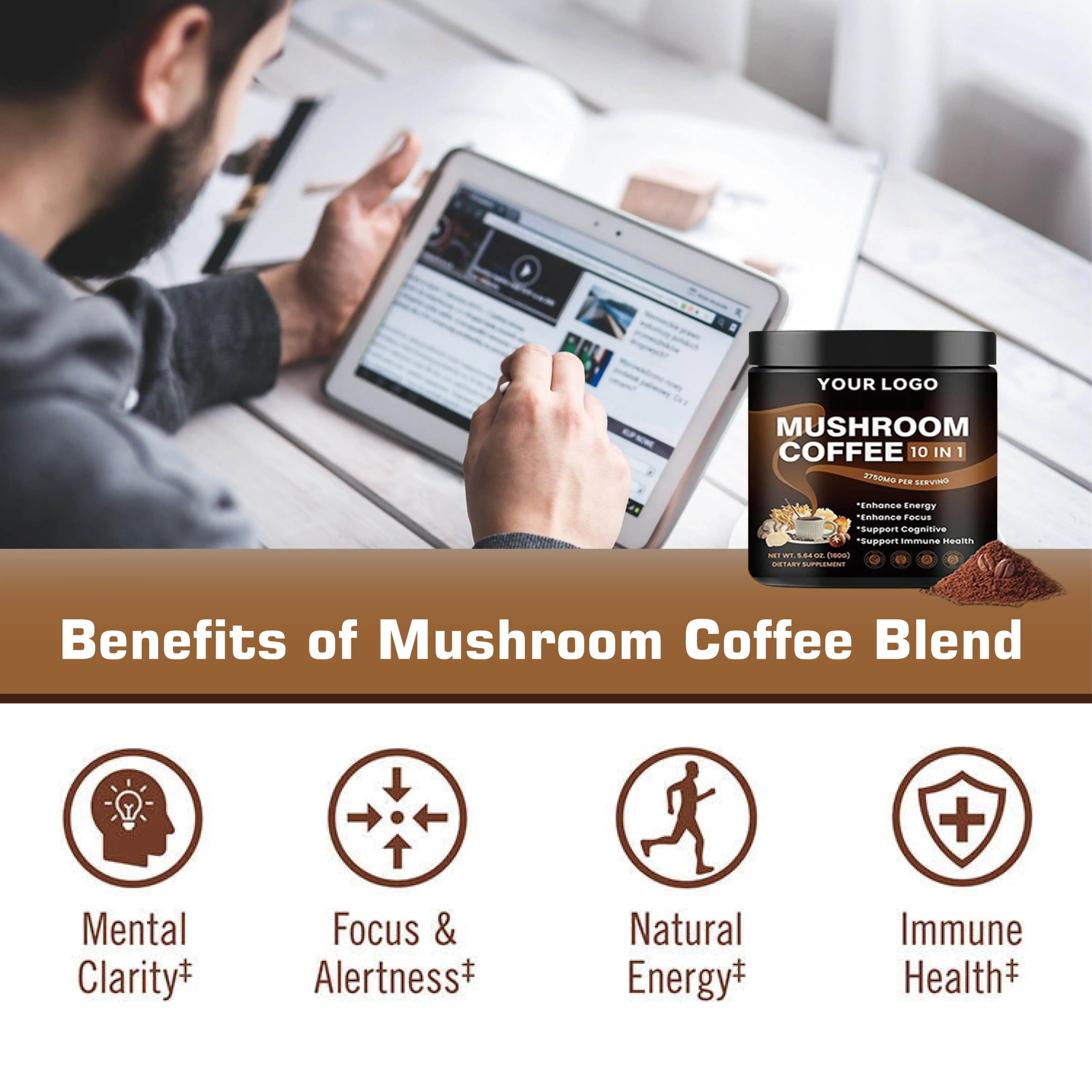 Factory Supply Organic Instant Mixed Mushroom Coffee Powder Immune System Booster Cognitive Support Mushroom Blend Coffee Powder