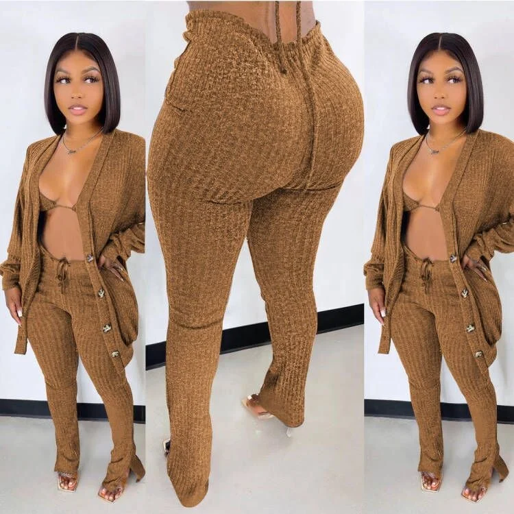New Arrival Cardigan And Long Pants 3 Piece Set Lady 3PC Sweater Bikini And Skinny Pant Outfits Sexy Women Clothing