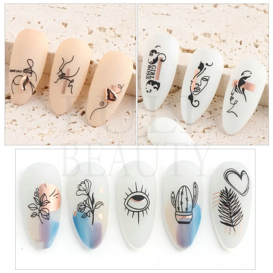 3D Bohemia Black Line Flowers Letter Desgin Self-Adhesive Nail Art Stickers Nail Transfer Sliders Wraps Manicures Foils DIY