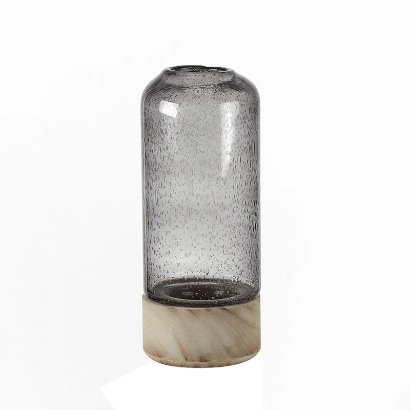 Glass Flower Vase Cylinder  Wooden Stand Vase For Home Decor