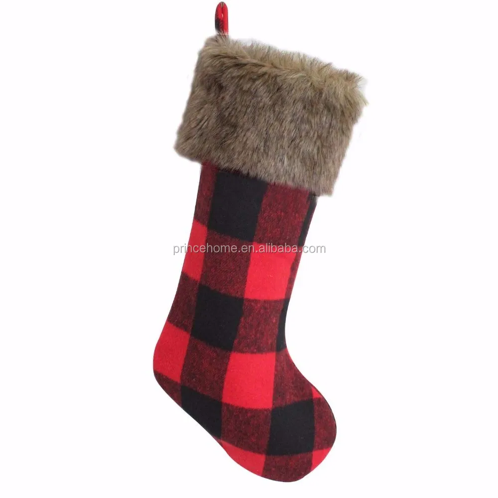 Red Black Plaid Faux Fur Cuff Buffalo Check Xmas Christmas Stocking