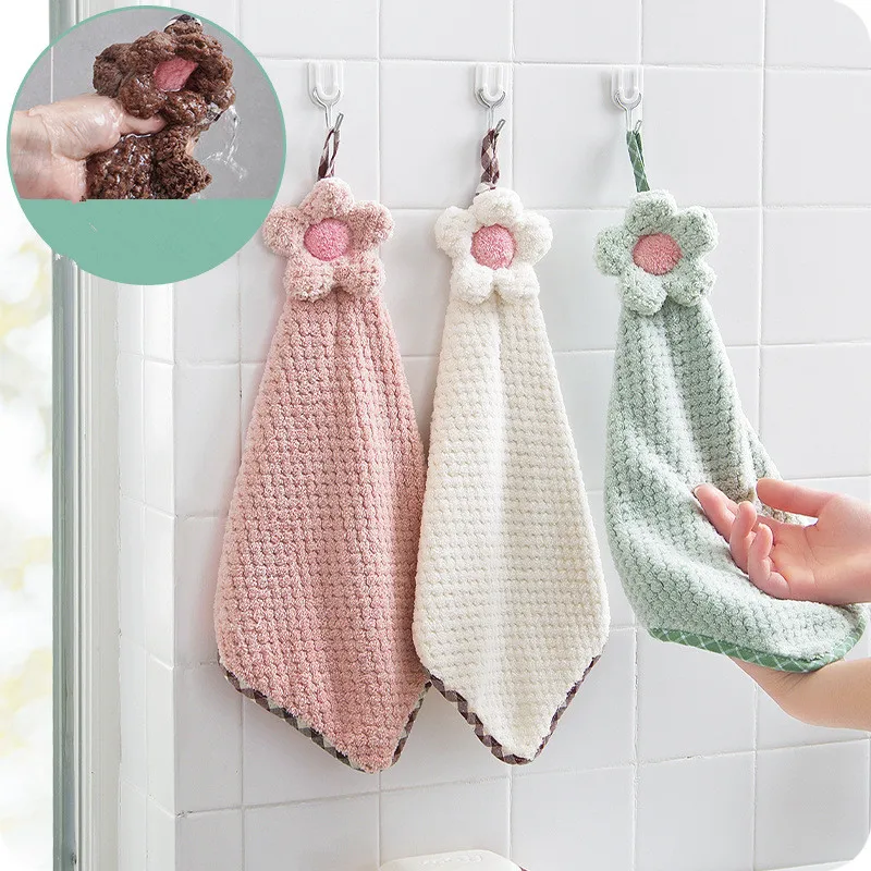 
Lint-Free Cleaning Cloth Cleaner Kitchen Absorbent Dishcloth Coral Velvet Flower Hand Towels Bathroom Hanging Towel 