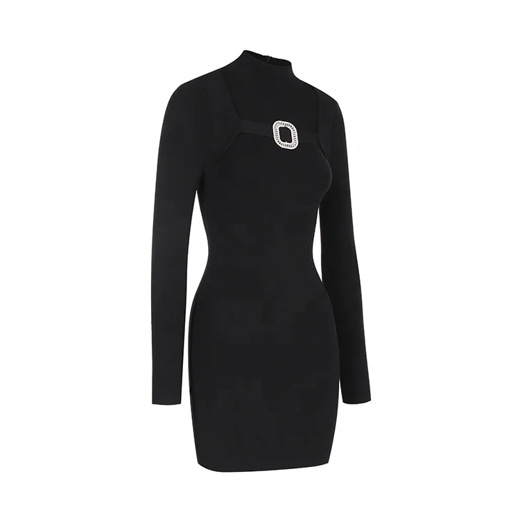 Knitwear manufacturer custom black fashion turtleneck long sleeved women knitted sweater dress