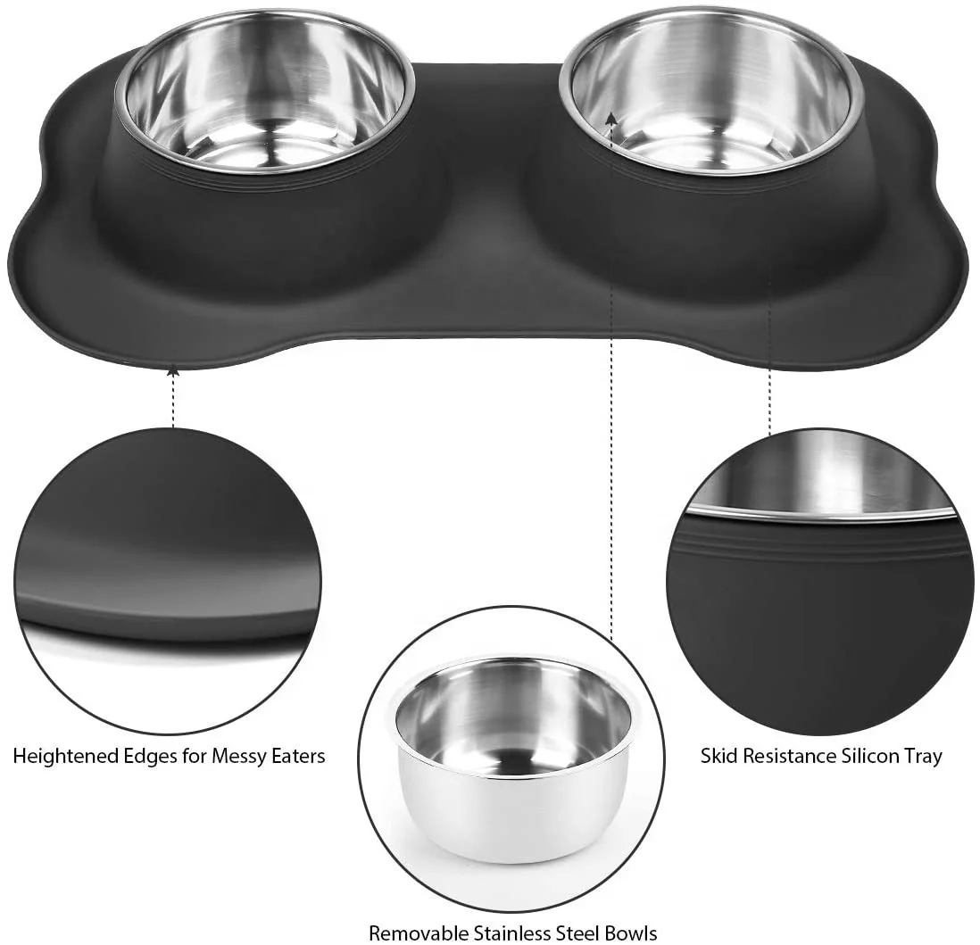 Custom Non-slip Silicone Mat Double pet bowls feeders Stainless Steel Dog Bowl