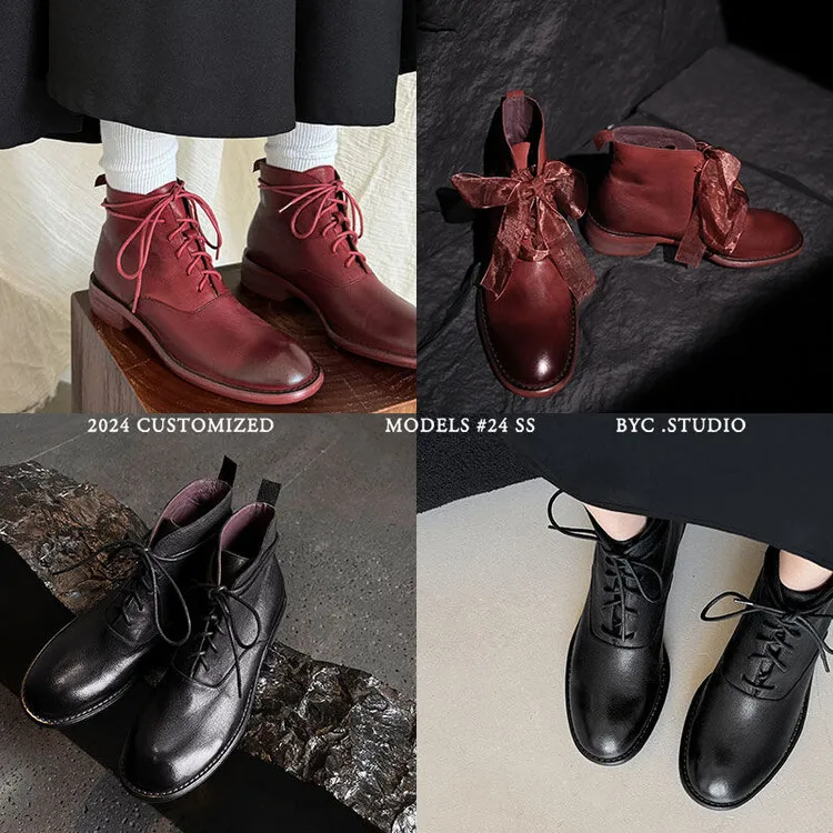 XINZI RAIN 2024 Style Female Short Boots Round Toe Genuine Leather 3cm Low Heel Women Full Leather Laceup Boots With Logo Custom