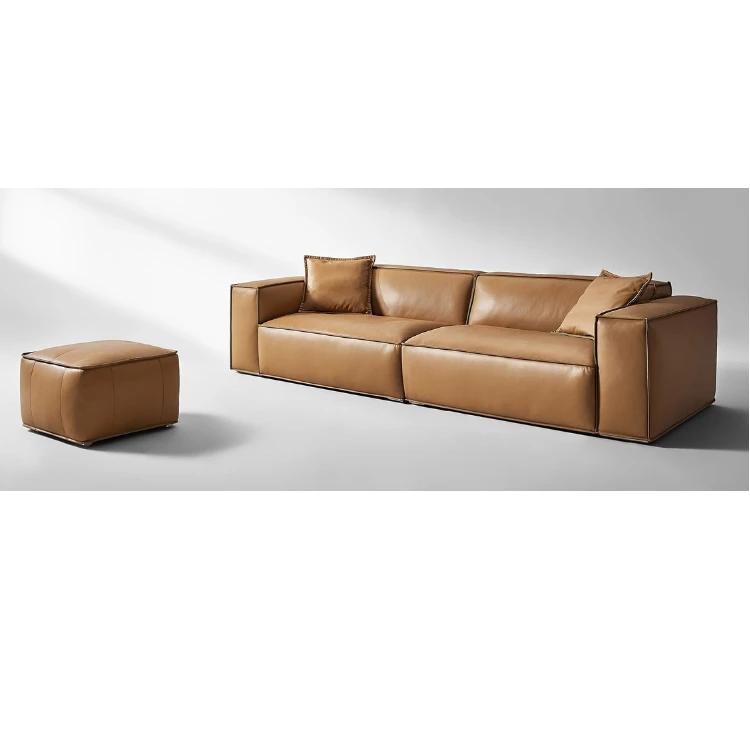 Modern Design Genuine Leather 4 Seater Sofa with Ottoman Living Room Sofa Feather Filling Pillow