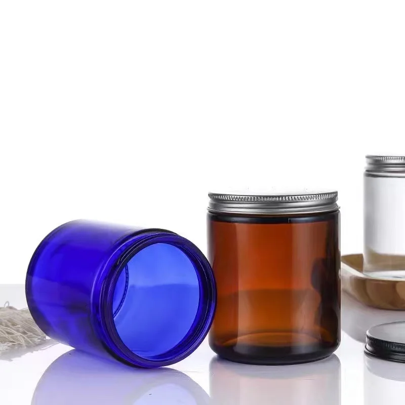 250ml 8oz Candle Tins Container Amber Blue Transparent Round Glass Jars With Lids For Body Butter