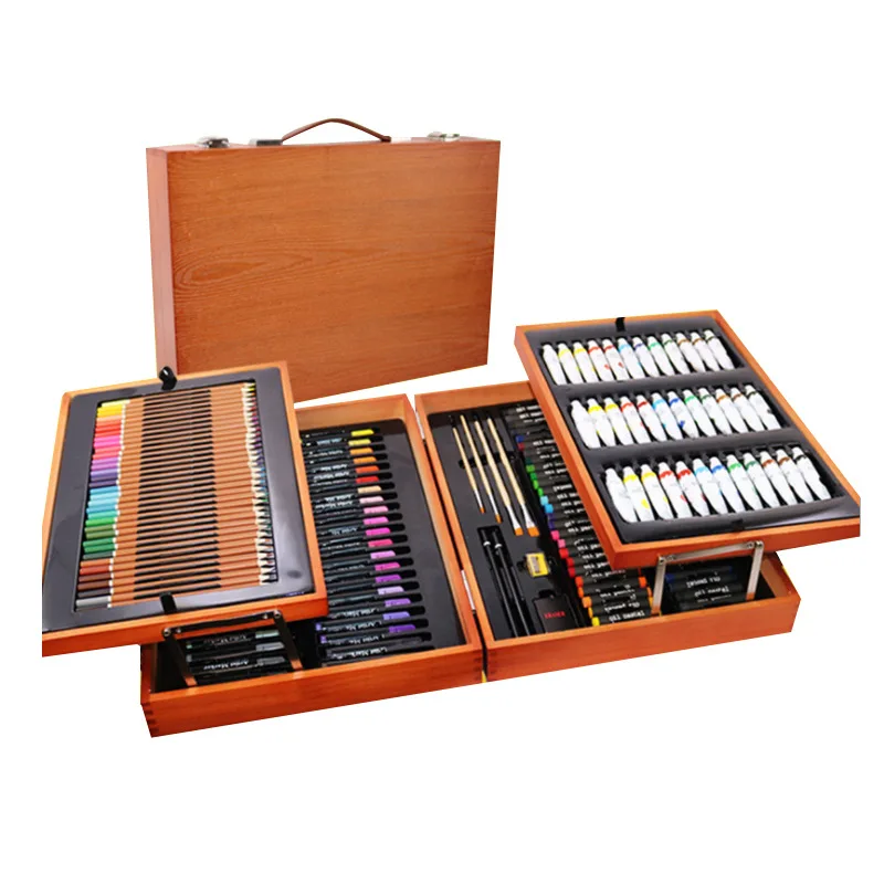 174 Pcs Double Layer Wood Box Packing Gift Set Drawing Painting Colorful Pencil Watercolor Pen Marker Pen Art Set