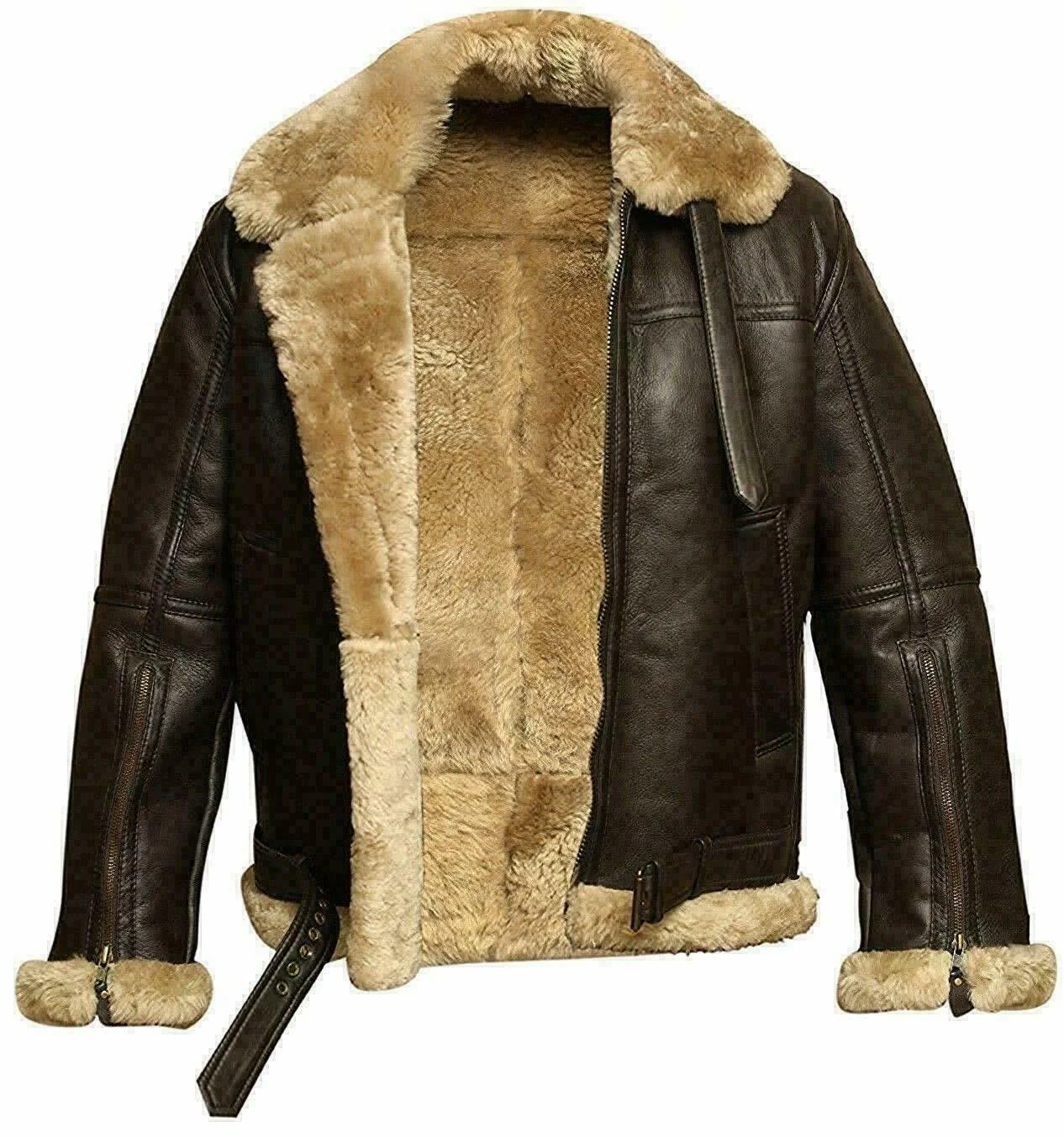 Personalized Custom Made Tailored Mens Sheep skin Real Fur lined Bomber Brown genuine Leather Jacket