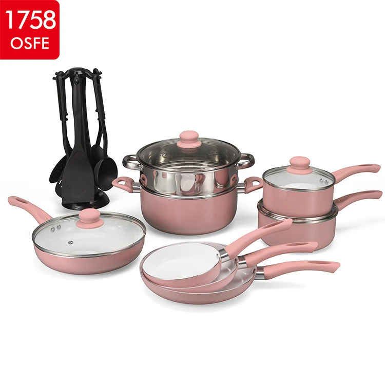 Kitchen Non Stick Ware Aluminum Pans Ceramic Cookware Sets Pink Color 16piece Home Cooking Aluminum Lid Non-stick Coating Metal