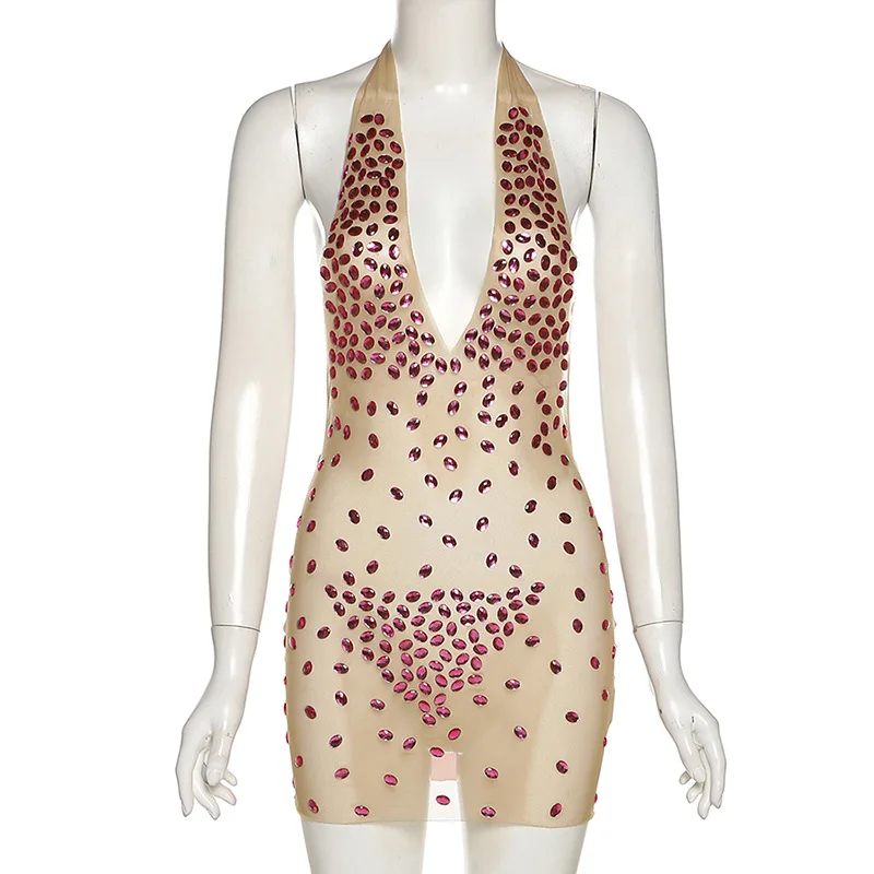 Sexy Cross neck see through backless mesh dress Sexy birthday party dress for Women spring 2023 Sexy Club Dress