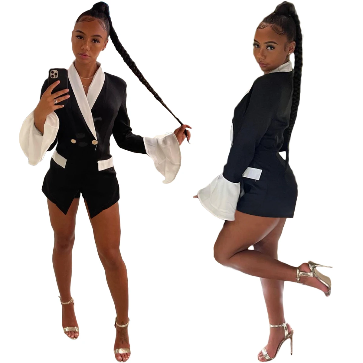 Женский костюм с отложным воротником, однотонный двубортный костюм в европейском и американском стиле с расклешенным рукавом, осень 2021