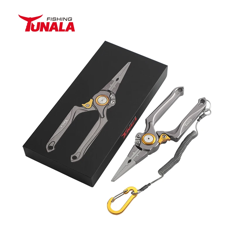 Aluminum Fishing Pliers Stainless Steel Clamp Head Fishing Split Ring Fishing Pliers Scissors with Coiled Lanyard and Gift Box