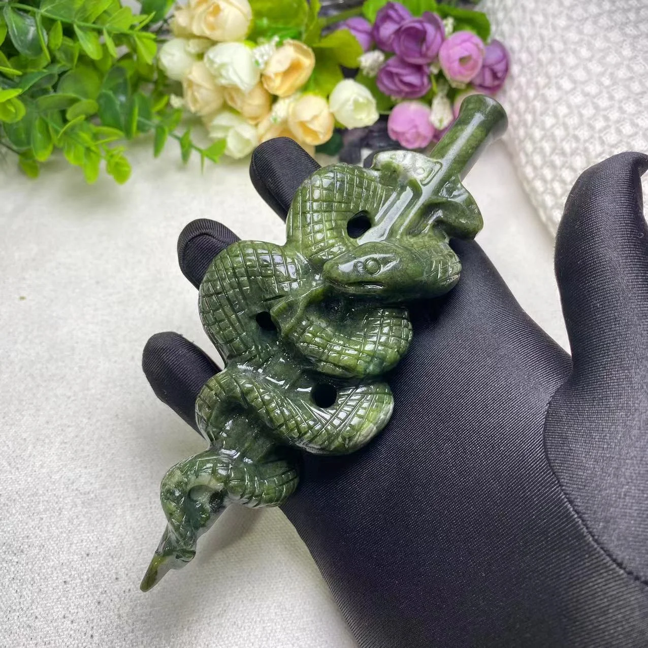 Hand Carved Natural Green Jade Snake & Sword Crafts Reiki Energy Feng Shui Home Decor Unique Crystal Gift