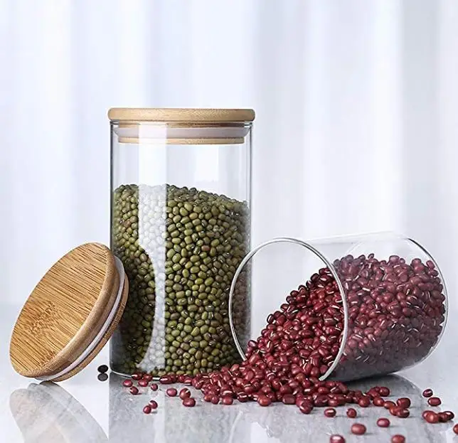 Glass Kitchen Canisters with Airtight Bamboo Lid glass Storage Jar with bamboo lid