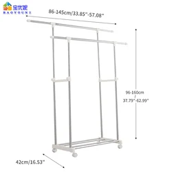 BAOYOUNI Double Rail Cloth Hanger Stand Stainless Steel Clothes Organizer Rack Rolling Wheels Garment Hanging Rack