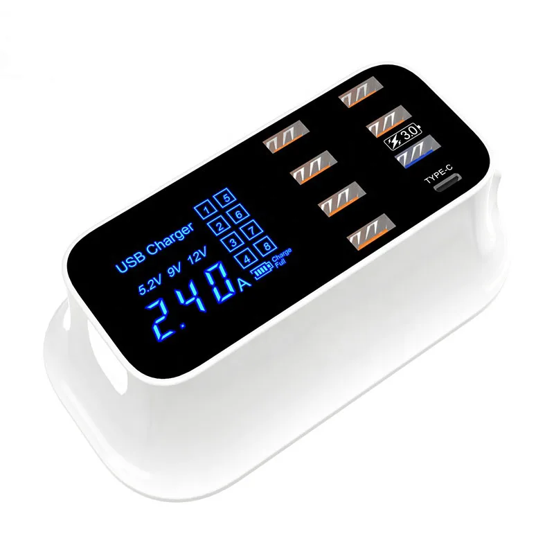 8-port usb charger  quick charging 3.0  type-C with display charger for mobile phone  tablet