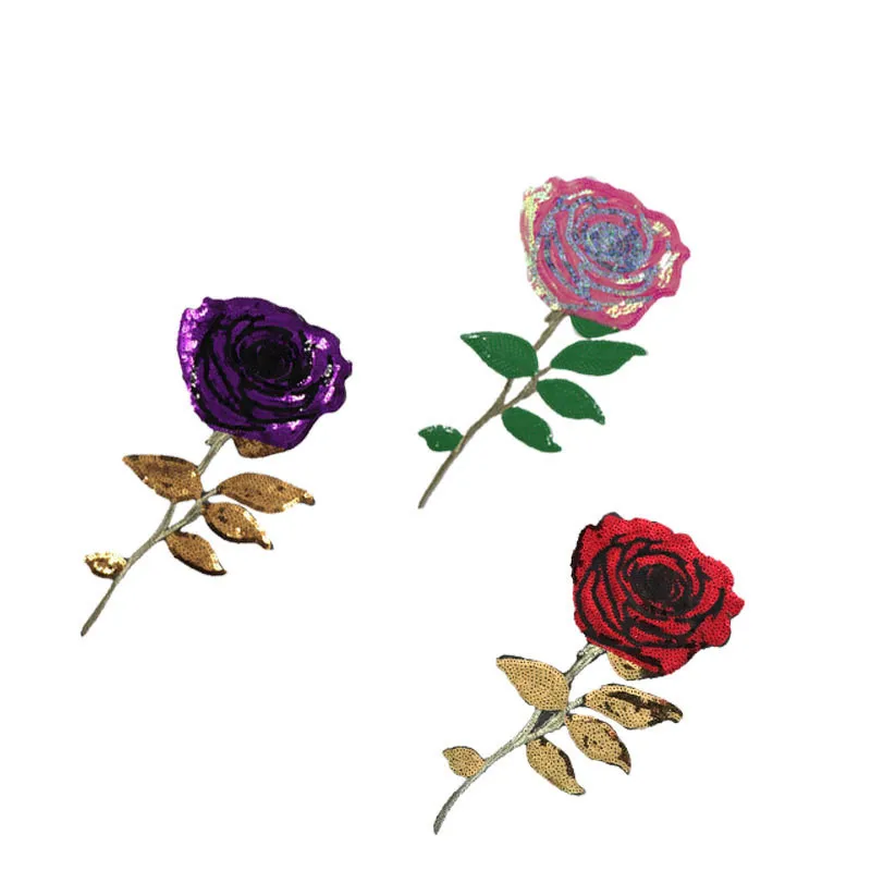 High Quality Sequined Rose Flower Appliques Iron On Sequins Denim Patch Embroidered Patches