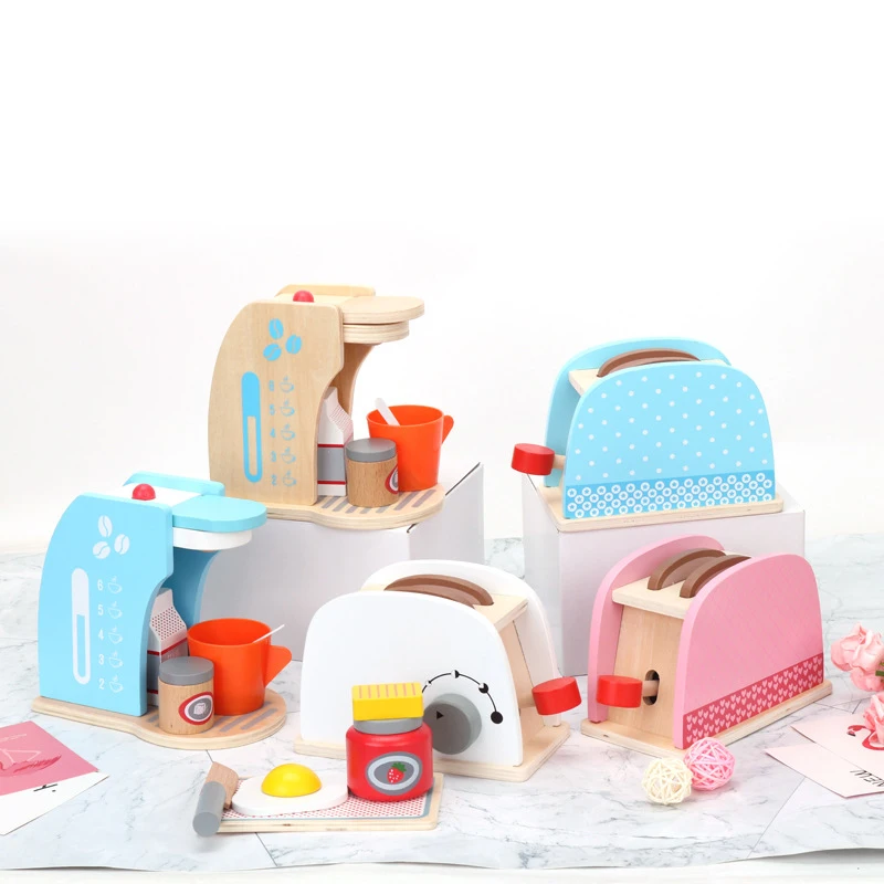 Wooden Kitchen Pretend Play Toy Simulation Wooden Coffee Machine Toaster Machine Baby Early Learning Educational Toys