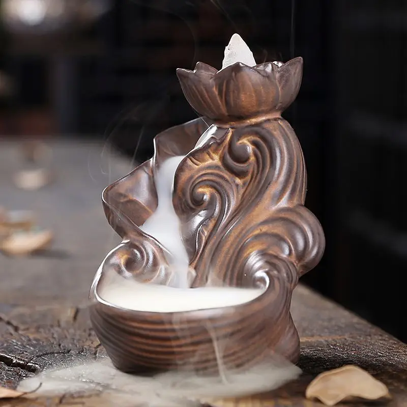 Backflow Waterfall Incense Burner with Tweezers Ceramic Windproof Glass Incense Cones Holder Spiritual GREAT DECORATIVE GIFT