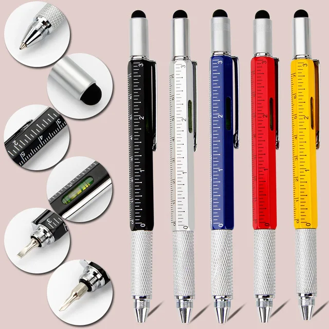 custom logo 6 in 1 multi function plastic tool pen with stylus dual head screwdriver ruler spirit level pen