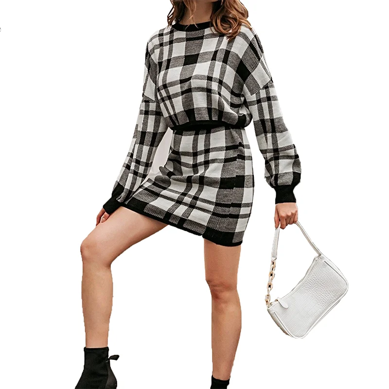 Women Fall Clothing Plaid Dresses Skirts Two Piece Set women wear Coats Jackets 2 Piece Outfits Elegant Winter Dresses