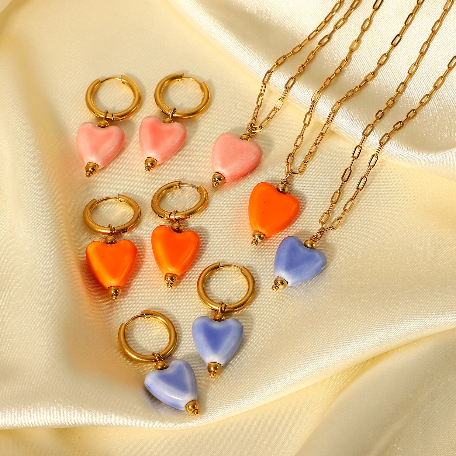 Fashion Heart Pendant Necklace Cross Chain 18K Gold Stainless Steel Earrings Ceramic Heart Earrings For Women