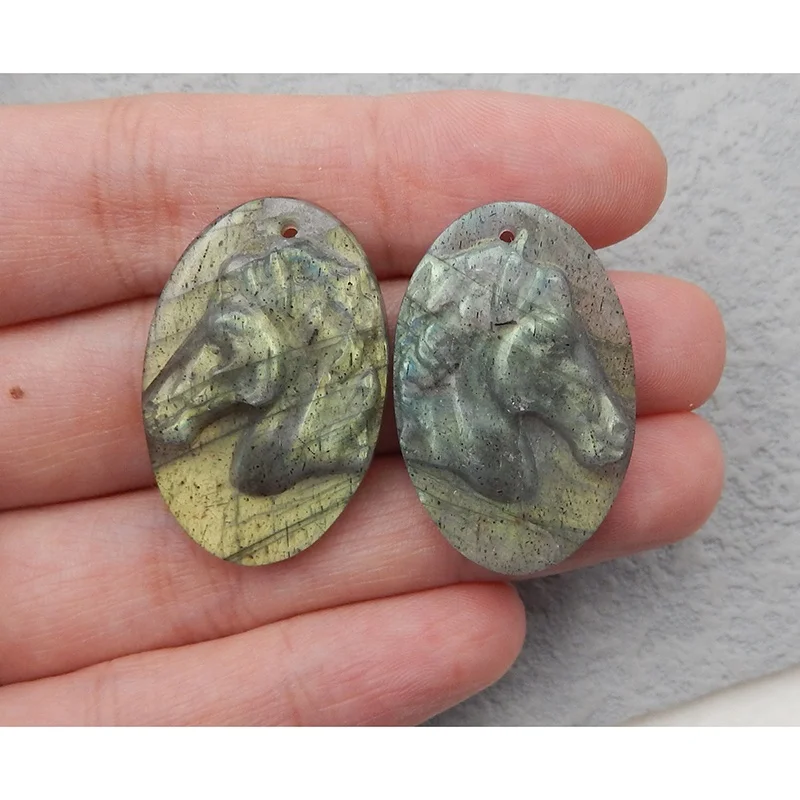 Natural Semiprecious Gemstone Cabochons Pairs Jewelry Labradorite Handmade Horse Carvings 29x19x6mm, 9.7g
