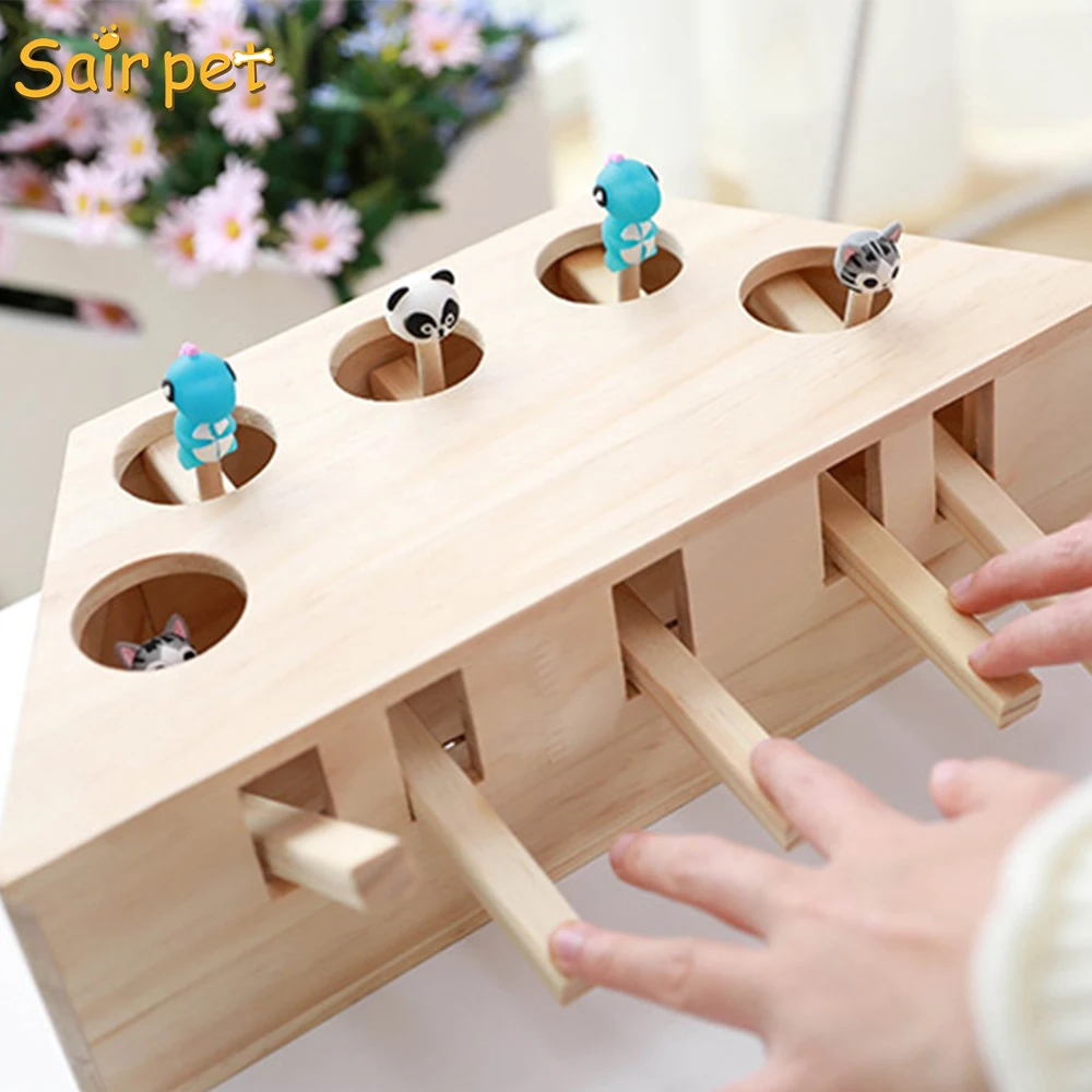 
Interactive Cat Hunt Mouse Toys for Indoor Cats, Creative Wooden Solid Whack a Mole Game Funny Kitten Puzzle Pets Toy, 3/5 Holes 