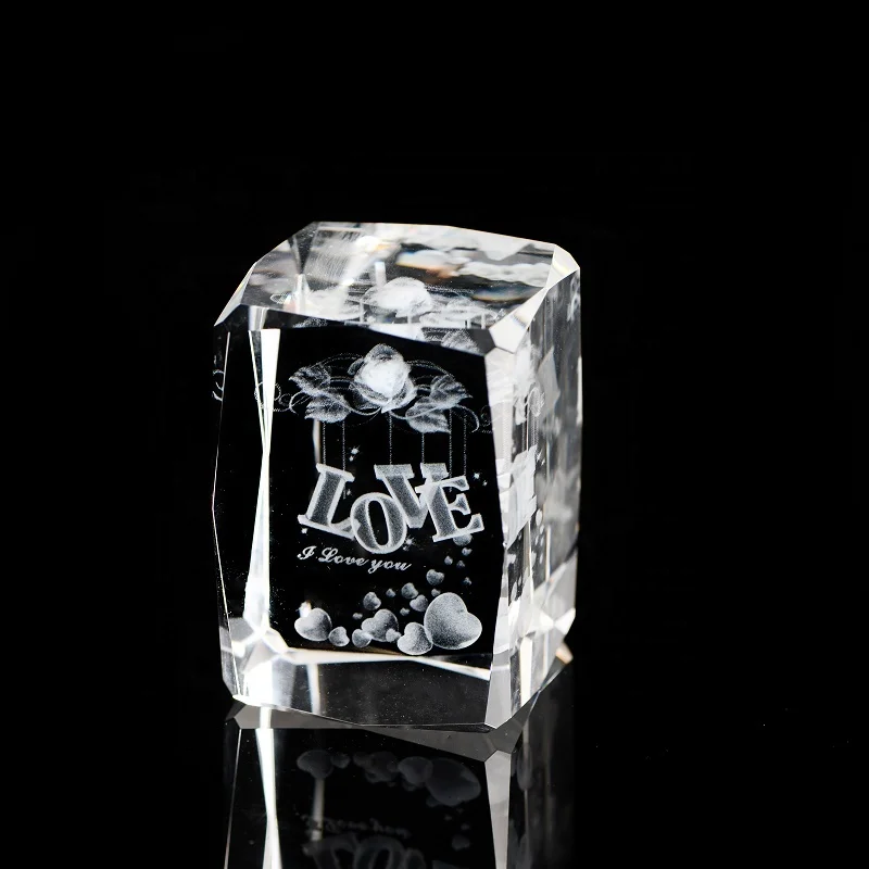 Wholesale K9 Crystal Gifts 3d Laser Engraved Rose Flower Crystal Glass Cube  For Wedding Favors Gifts Guest