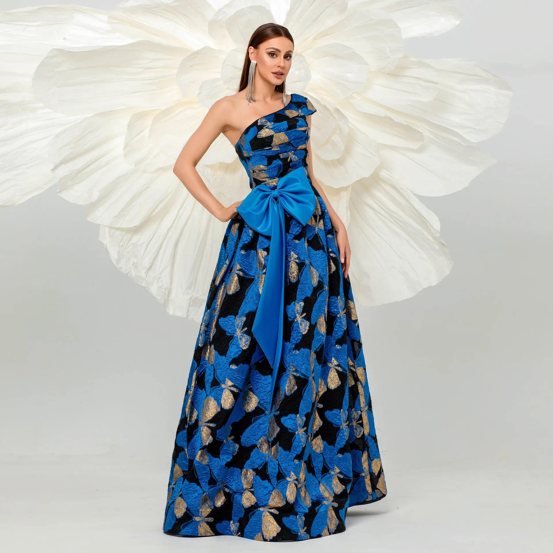 2025 Ladies Blue Summer Bandage Elegant Jacquard Ruffle One Shoulder Sleeveless Floral Empire Floor-Length Parties dress