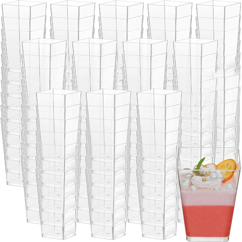 50 Pack 5 oz Plastic Square Mini Dessert Cups with Spoons Dessert Shooter Cups with Spoons for Pudding and Fruit