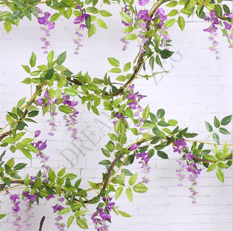 2M Wisteria Artificial Flowers Vine Garland Wedding Arch Decoration 5 Colors Foliage Rattan Trailing Faux Flowers Ivy Wall