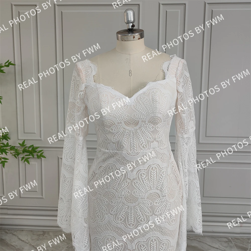 100% Real Photos High Quality Boho Flare Sleeves Lace Wedding Dress For Bride Woman Open Back Bridal Gown With Train Custom Made