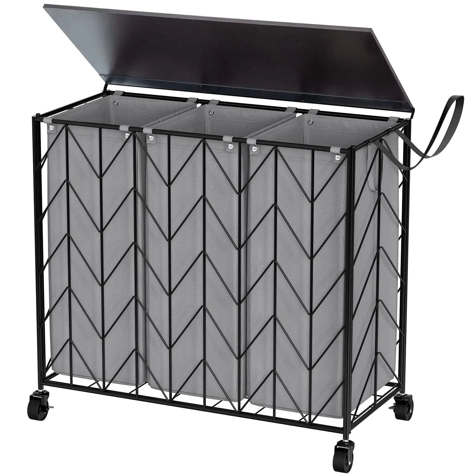 Heavy Duty Laundry Hamper with Wood Lid, Clothes Hamper with Divided Removable Liner Laundry Basket with Wheels