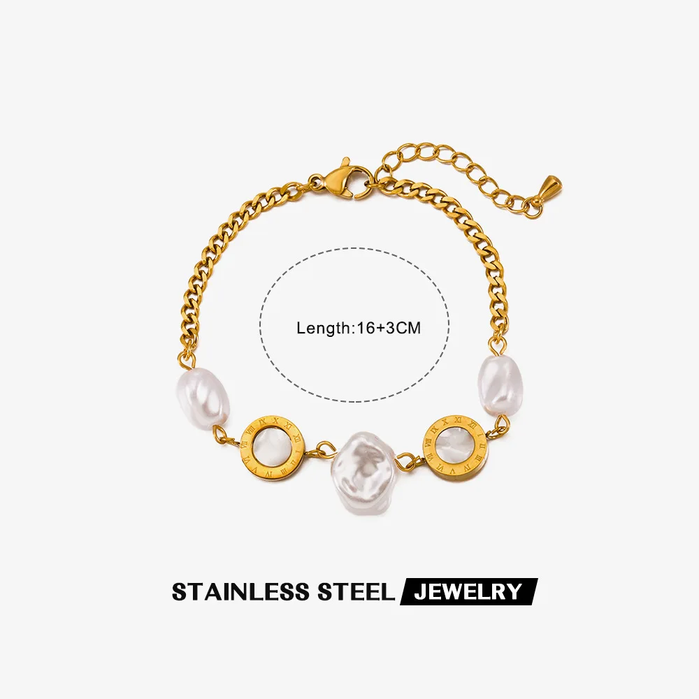 Ins Non Tarnish Gold Filled Shell Round Moon Bracelet Waterproof 316L Stainless Steel Freshwater Pearl Butterfly Chains Bracelet