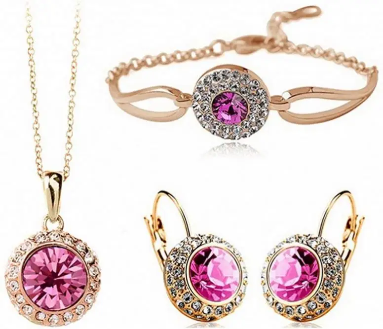 Женские модные ювелирные украшения, 18K, позолота, с украшением в виде кристаллов круглой формы ожерелье, браслет, серьги