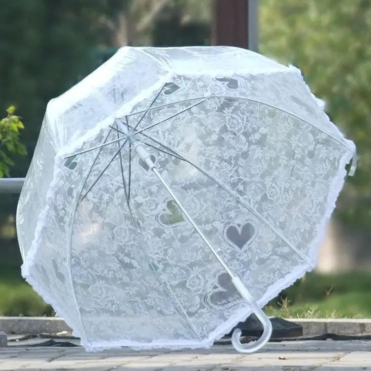 Korean Style Transparent Lace Customized Sunny Rain Straight Umbrella For Lady