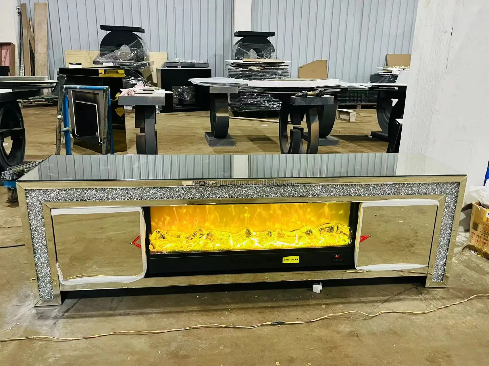 Luxury Crushed Diamond Mirrored TV Stand LED Fireplace Sparkling Living Room Furniture Home Office Hall Workshop Entry Laundry