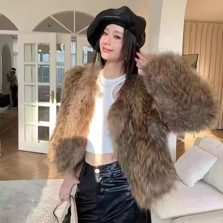 wholesale Hand Knitted Natural Fur Coat For Women High Quality Raccoon Fur Jacket