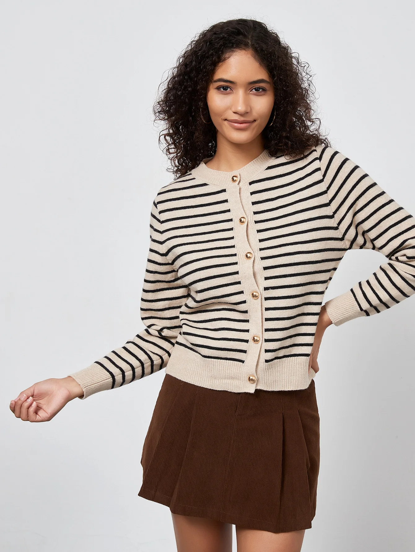 Fashion Women Striped Knitted Sweater Round Neck Casual Cardigan Sweater