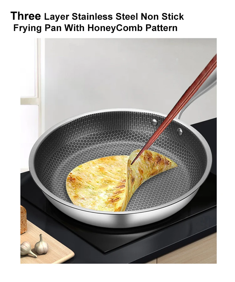 28cm Stainless Steel 304 Frying Pan Triply Kitchenware SS handle Non-Stick Coating Single Side Honeycomb Fire Textured Pattern