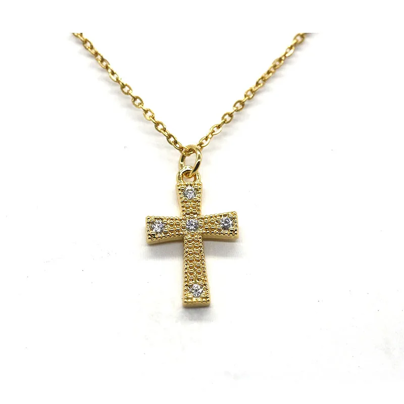 Jewelry Cross Necklace Wholesale Zirconia Brass Gold Plated Zircon Jesus Religious Cross Pendant Necklace