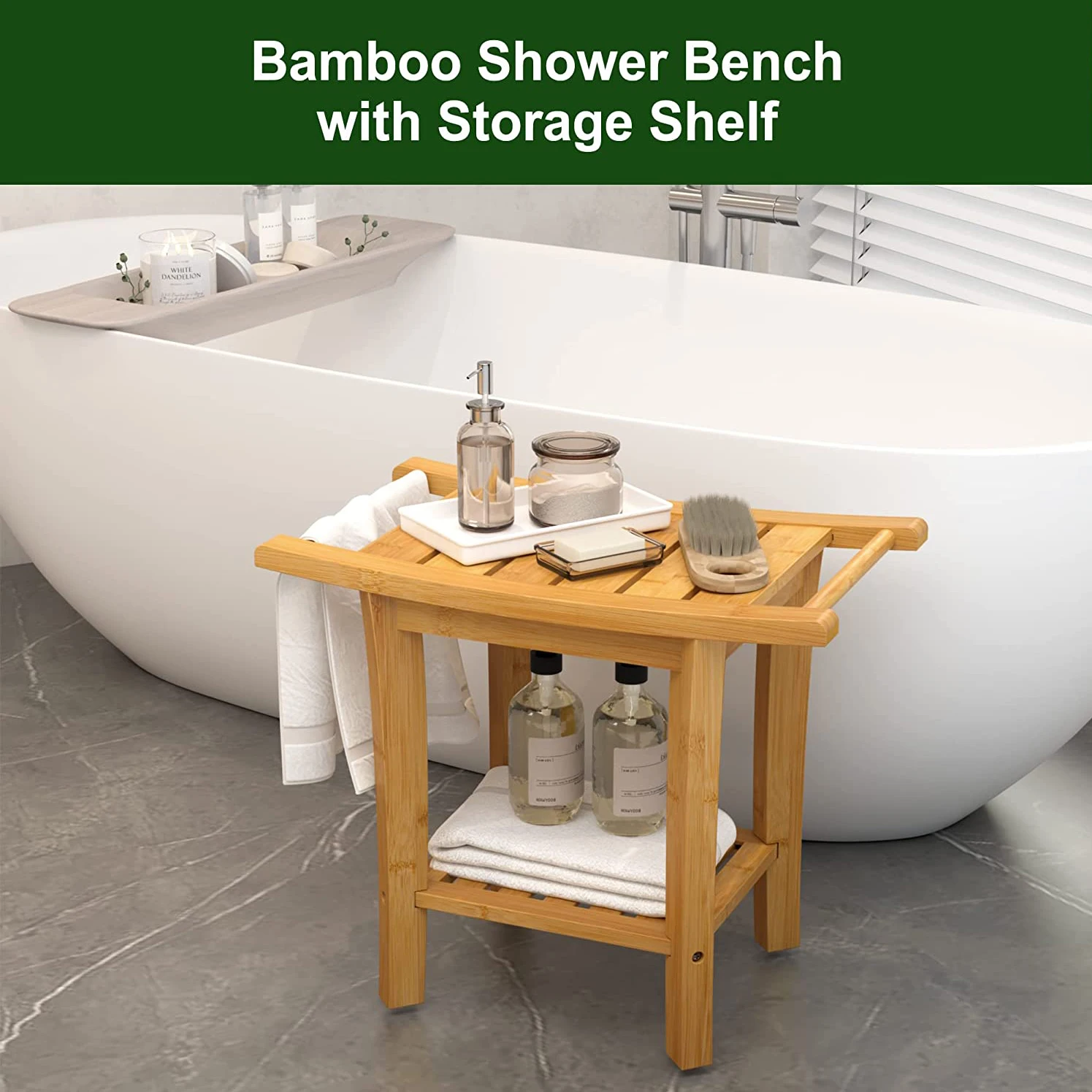 Inside Shower Seat Chair Non-Slip Feet 2-Tier SPA Shower Stool Bamboo Shower Bench for Bathroom