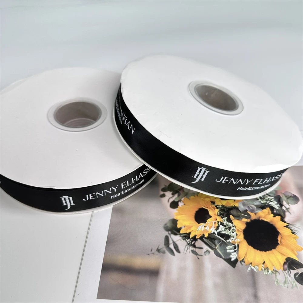 MOQ 1 Roll Luxury Custom Print Satin Ribbon for Gift Wrapping Brand Logo Black Polyester Satin Ribbon for Packaging Clothing Box