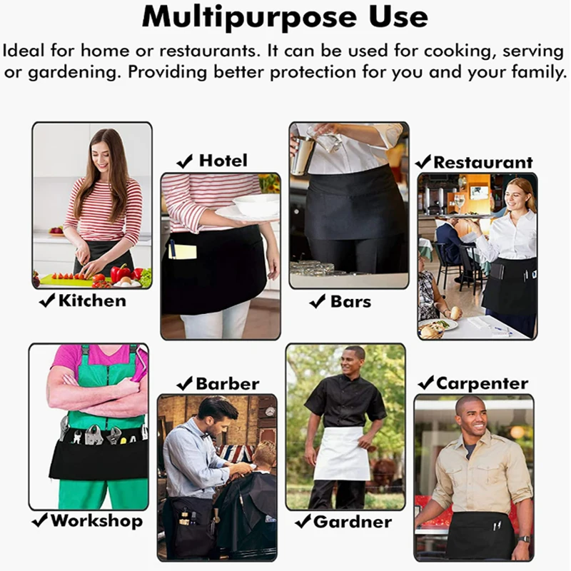 Custom Logo Half Waist Aprons Restaurant Short Waiter Aprons with Pockets Kitchen Barista Chef Apron for Outdoor BBQ