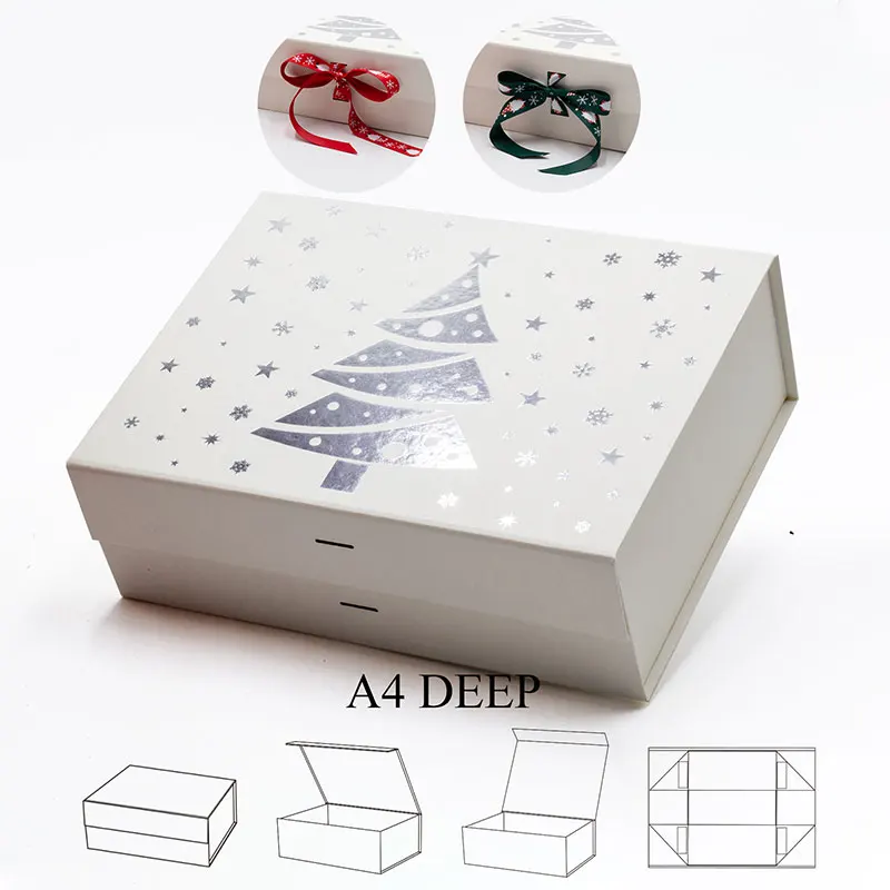 Luxury A4 deep custom color rigid cardboard Christmas eve gift packaging basket box with ribbon