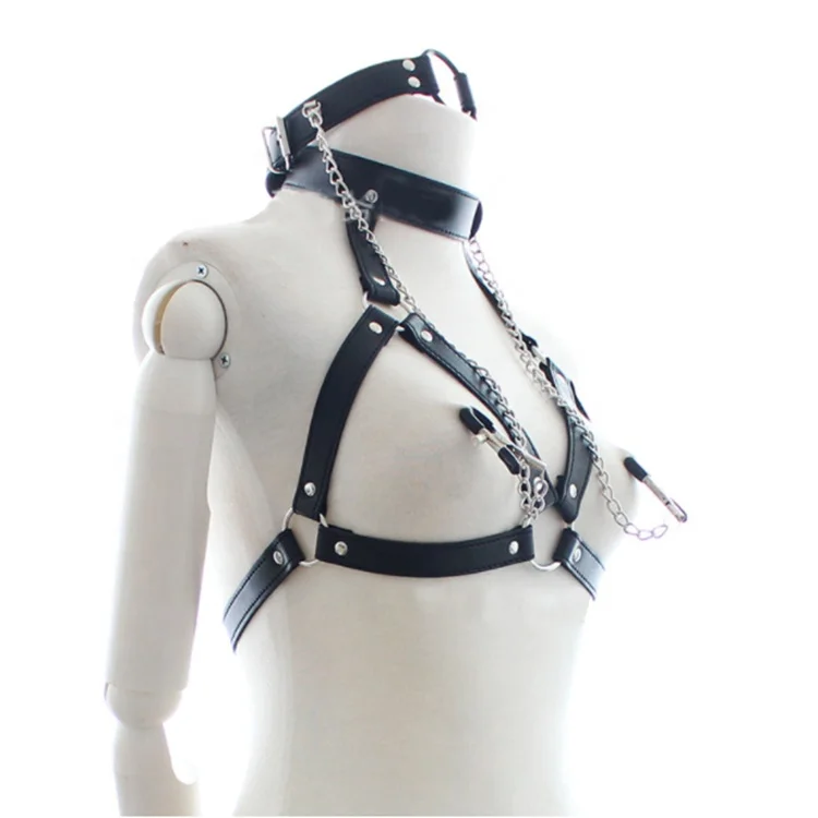 New Thrilling Feminine Fetish PU Leather Opening Tie Clip Bra Cage Gothic Adjustable Restraint Strap