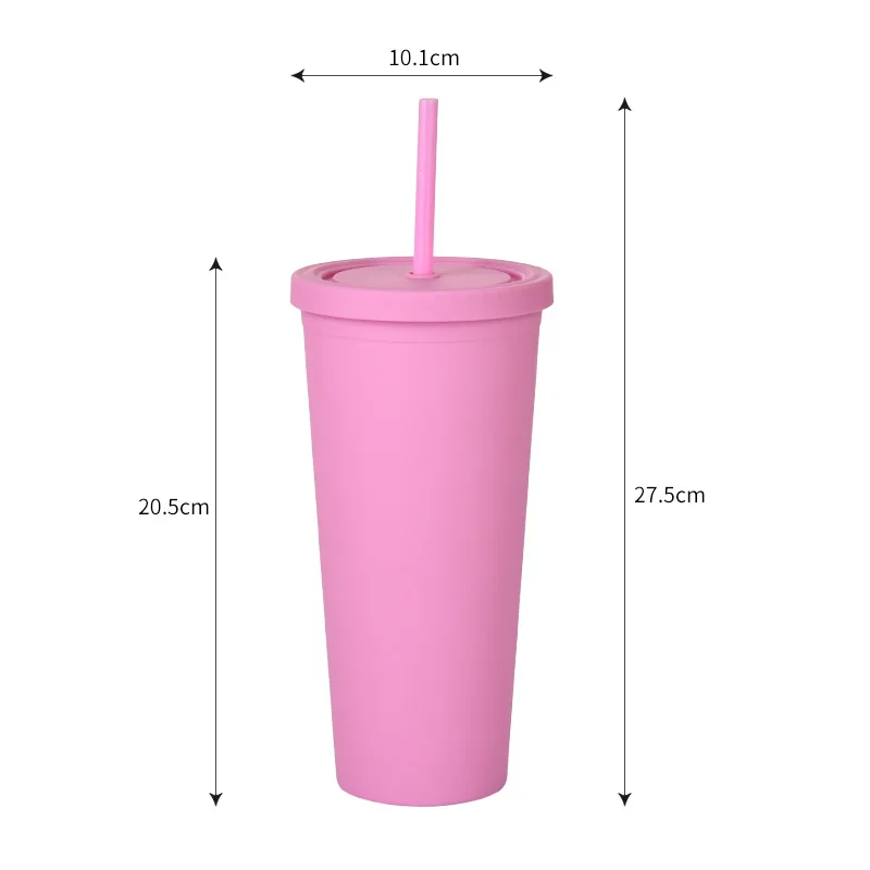 Wholesale 22oz Travel Mug Plastic Matte Pink Black Coffee Cup Reusable Double Wall Skinny Plastic Tumbler with Lid and Straw